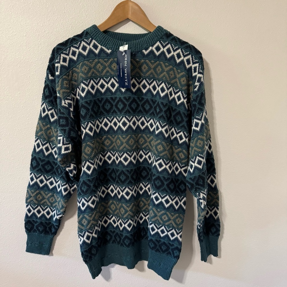 Vintage John Weitz Fair Isle Crew Sweater Teal White Cotton 3D Knit USA NWT-M